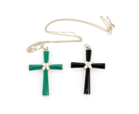 A large 925 silver malachite cross pendant on a silver chain with a further onyx set cross pendant, pendant L. 5.2cm,
