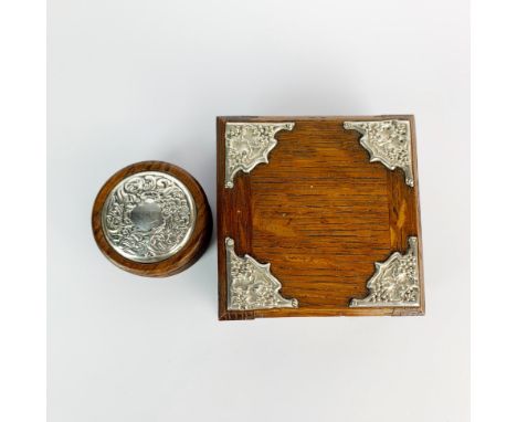 A hallmarked silver mounted oak jewellery box (London c.1906) 11.5 x 11.5 x 4cm together with an Italian silver mounted circu