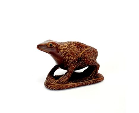 A carved fruitwood Netsuke of a frog with obsidian eyes and inset signature panel, H. 4cm, L. 6cm.