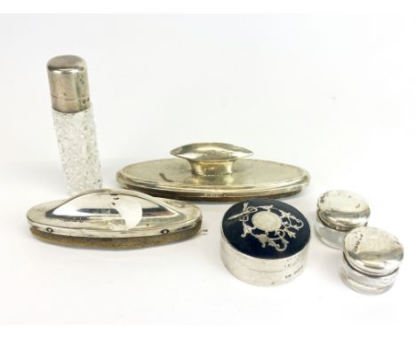 Two hallmarked silver nail buffers, together with two small silver patch boxes, a silver topped Chester hallmarked perfume bo