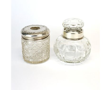 A hallmarked silver and cut glass dressing table bottle (Birmingham c.1918) H. 9.5cm together with a hallmarked silver and cu