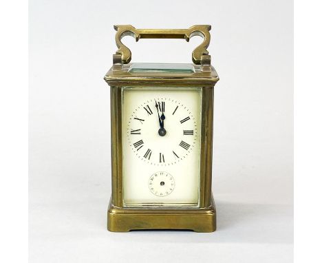 A French brass carriage clock, A/F to glass and missing hand but appears to be in w/o (not tested), H. 15cm.