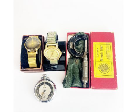 Two vintage wristwatches, a pocket watch and a Micrometre Calliper.