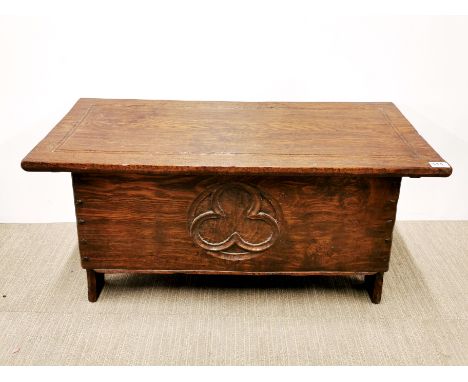 A signed 'Jack Grimble' of Cromer carved oak and metal hinged trunk, 93 x 50 x 38cm.