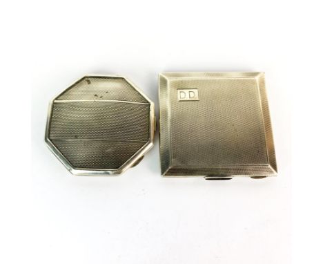 Two Art Deco hallmarked silver compacts (Birmingham c.1946) largest 7 x 7cm together with an octagonal compact (Birmingham c.