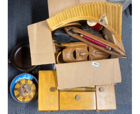 A vintage sewing box and a quantity of mixed wooden items.