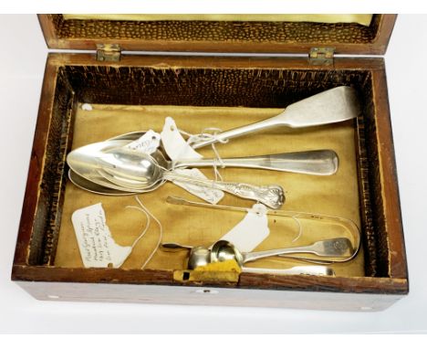 A Victorian box of mixed silver spoons etc.