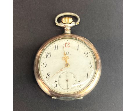 An .800 silver cased Omega pocket watch, appears to be in working order but untested.