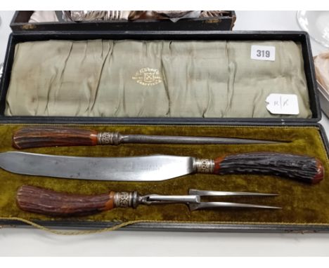 BOXED LONG &amp; CO SHEFFIELD CARVING KNIFE, FORK &amp; STEEL WITH BONE HANDLE