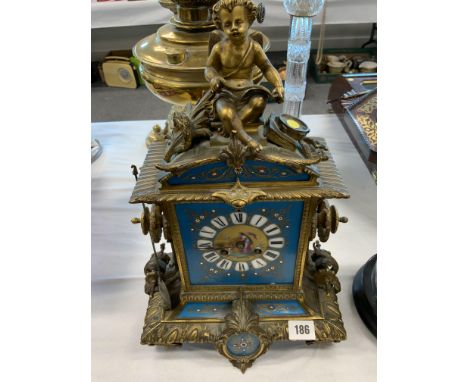 19TH CENTURY ORMOLU MANTLE CLOCK 19TH CENTURY ORMOLU AND BLUE ENAMELLED MANTLE CLOCK 16" HIGH. ORMOLU FADED, ENAMEL IN GOOD C