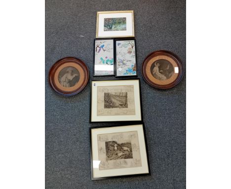 2 FOX HUNTING PRINTS, PRINT OF FLOWERS, 2 EMBROIDERIES, 2 OVAL PRINTS, SIGNED WATERCOLOUR WITH APPLIED COTTON