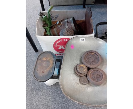 SET OF WEIGHING SCALES &amp; WEIGHTS, WOODEN BARREL ETC