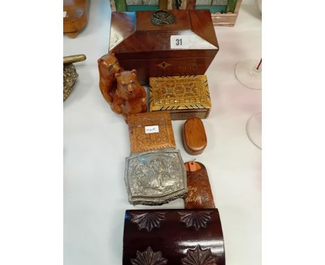 19TH CENTURY MAHOGANY TEA CADDY, BOXES, WOODEN BEARS ETC APPROX 7 ITEMS