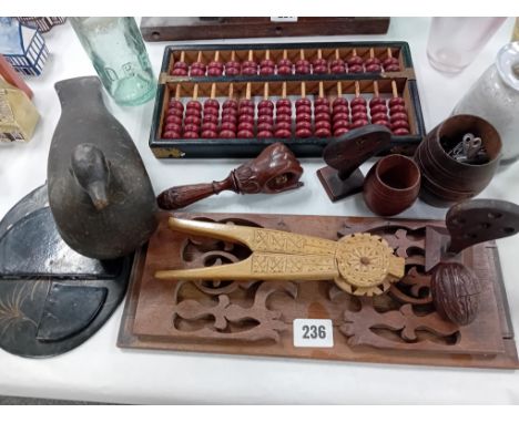 CARVED BOOK STAND, WOODEN SHIP BARRELS CARVED BOOK STAND, WOODEN COMMEMORATIVE SHIP BARRELS, ABACUS, WOODEN NUT CRACKER, BIRD