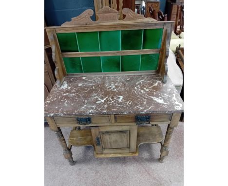 VICTORIAN PINE WASH STAND WITH MARBLE TOP AND GREEN TILE BACK 18 X 36 X 45 HIGH