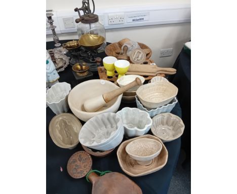 QUANTITY OF VICTORIAN JELLY MOULDS, BRASS BUTTER MAKER, BUTTER STAMPS &amp; WEIGH SCALES