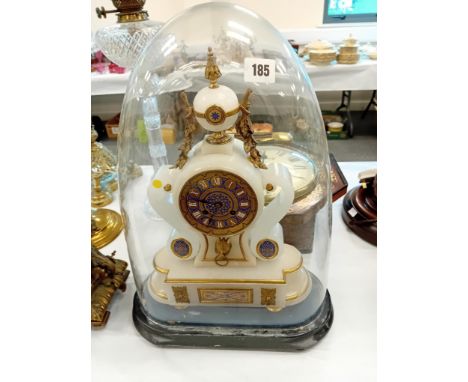 19TH CENTURY WHITE ONYX MANTLE CLOCK 19TH CENTURY WHITE ONYX GILT AND BLUE ENAMEL MANTLE CLOCK UNDER GLASS DOME 19" HIGH