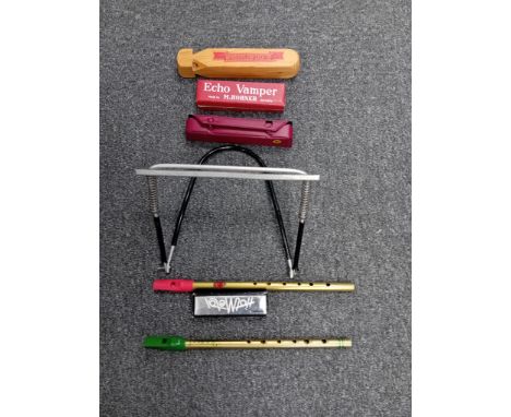 COLLECTION OF HOHNER HARMONICAS COLLECTION OF 5 BOXED HOHNER HARMONICAS, 5 TRAIN WHISTLES, 2 IRISH WHISTLES