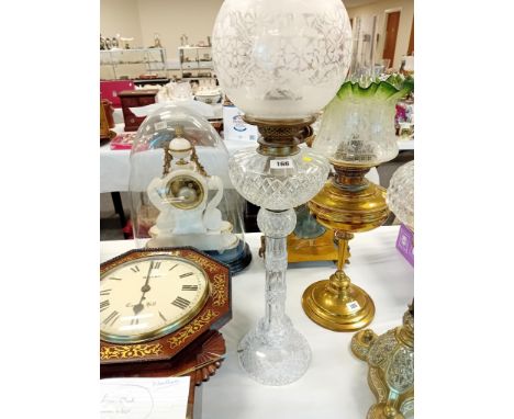VICTORIAN CUT GLASS OIL LAMP WITH EDGED GLASS SHADE, NO CHIPS CRACKS OR RESTORATION EVIDENT