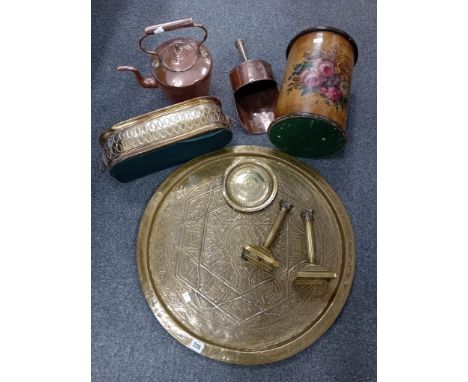LARGE BRASS ISLAMIC TRAY, COPPER KETTLE, COPPER SCOOP, PAIR OF BRASS CANDLESTICKS, BRASS PLANTER, HAND PAINTED WASTE BIN
