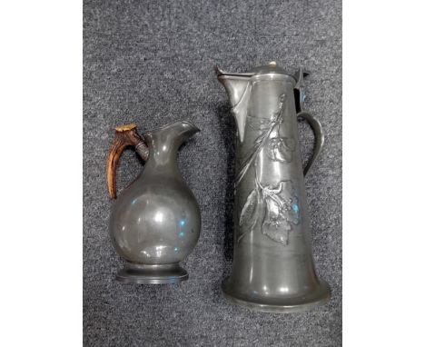 ART NOVEAU PEWTER EWER TOGETHER WITH ANOTHER BONE HANDLE