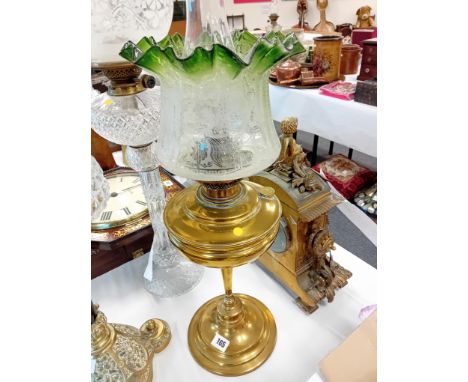 VICTORIAN BRASS OIL LAMP GREEN GLASS AND EDGED SHADE