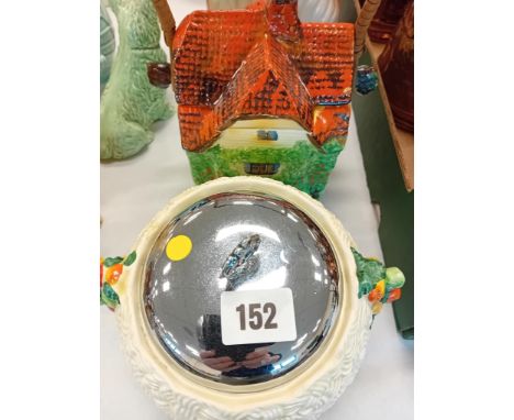 CLARICE CLIFF VICTORY JAR &amp; LID TOGETHER WITH A PAINTED BISCUIT JAR