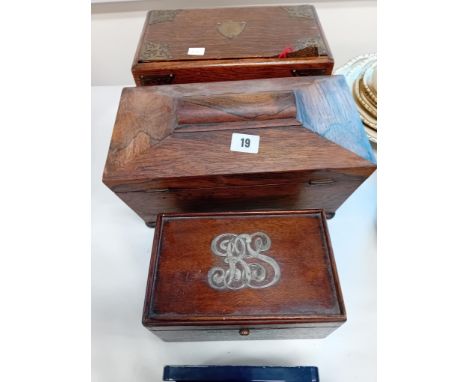 REGENCY ROSEWOOD TEA CADDY, VICTORIAN SEWING BOX AND ANOTHER MAHOGANY BOX SILVER INITIALS