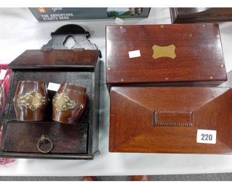 MAHOGANY TEA CADDY,GEORGIAN OAK SALT BOX, 2 WOODEN BARRELS, MAHOGANY BOX