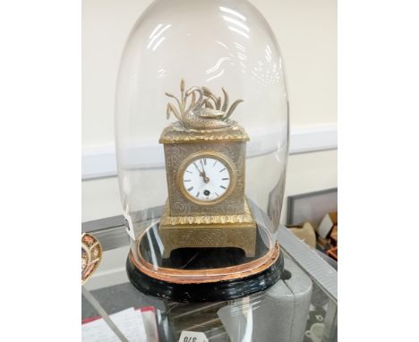 SMALL 19C BRASS CARRIAGE CLOCK UNDER GLASS DOME 19" HIGH