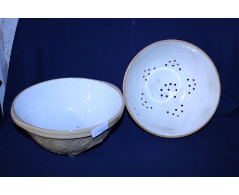 A T.G Green enamel mixing bowl and one other strainer bowl 