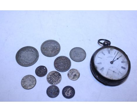 A hallmarked Silver pocket watch (for scrap) and a selection of pre-1947 Silver coins 