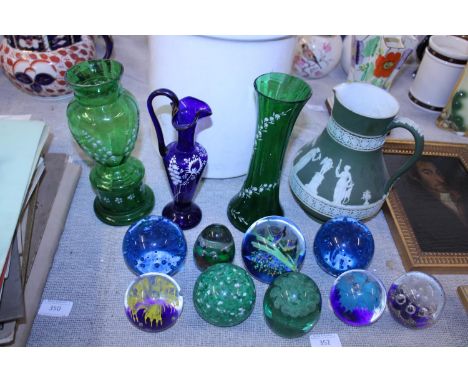 A job lot of vintage glassware, a Wedgewood Jasperware jug and collectable paperweights,  shipping unavailable 