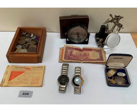 A collection of coins and banknotes, a cased compass, watches etc.