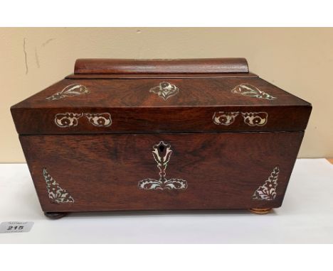 A Regency rosewood and mother-of-pearl inlaid sarcophagus tea caddy. Glass mixing bowl lacking. 12½' wide