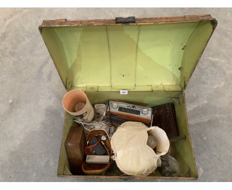 A painted tin trunk and sundry contents