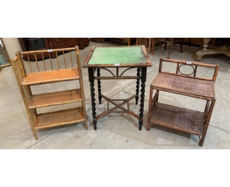 A bamboo card table on barleytwist legs and two bamboo etageres (3)