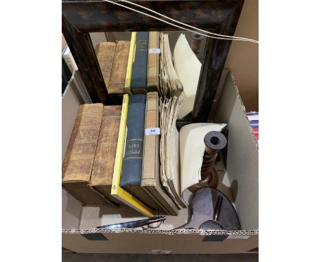 A cushion moulded mirror, barleytwist candlestick, lorgnettes, books etc.