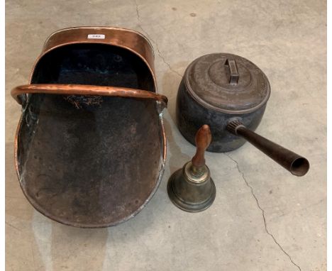 A copper coal scuttle, vintage saucepan and a hand bell (3)