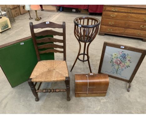 A bentwood jardiniere stand, sewing machine, ladder back chair, a bridge table and a tapestry firescreen (5)