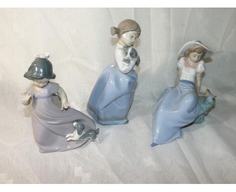 Nao by Lladro - Three Nao figurines depicting girls with animals, one of which with original box