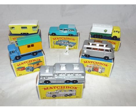 Six Matchbox Series / Lesney boxed die-cast model motor vehicles comprising #23 Trailer Caravan, #25 BP Tanker, #34 Volkswage