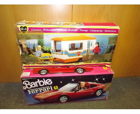 A Mattel Barbie Ferrari model car, boxed and a Pedigree Sindy Caravan model, boxed (2)