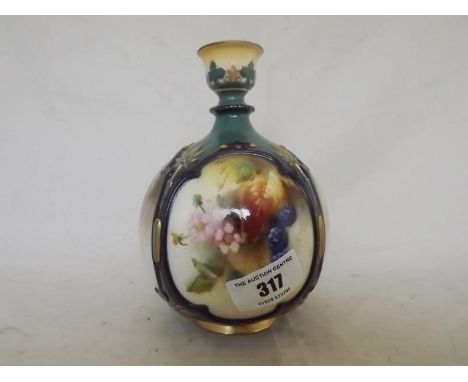 Royal Worcester - an early 20th century globular vase hand-painted with depictions of flowers and fruits within panels, gilde