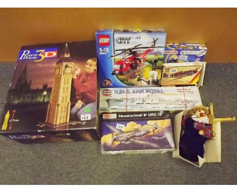 A mixed lot to include Lego City Fire helicopter #60010, Airfix HMS Ark Royal model, Meccano, puppet and other 