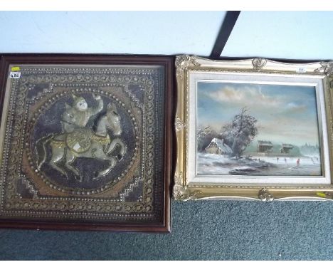 Hutchinson - An oil on canvas depicting a village scene with ice skaters, signed lower right, gilt framed, image size 28cm x 