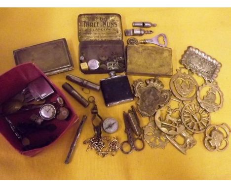 A mixed lot of collectables to include commemorative silk scarves, horse brasses, a whistles, white metal propelling pencils,