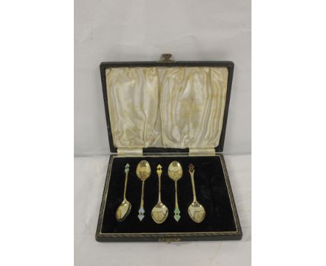 Set of five silver and enamel coffee spoons, cased for six 