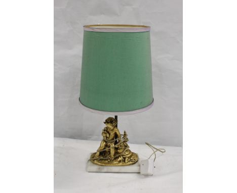 Composite table lamp in the form of cherub on marble plinth base, 