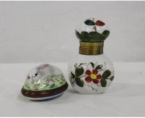 Halcyon Days enamel box in the form of a recumbent rabbit, 5.5cm long also a small Continental porcelain scent bottle, 8cm hi